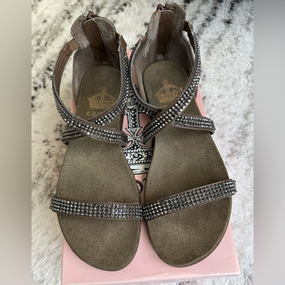 Crown Brown Sandals with Rhinestone Straps